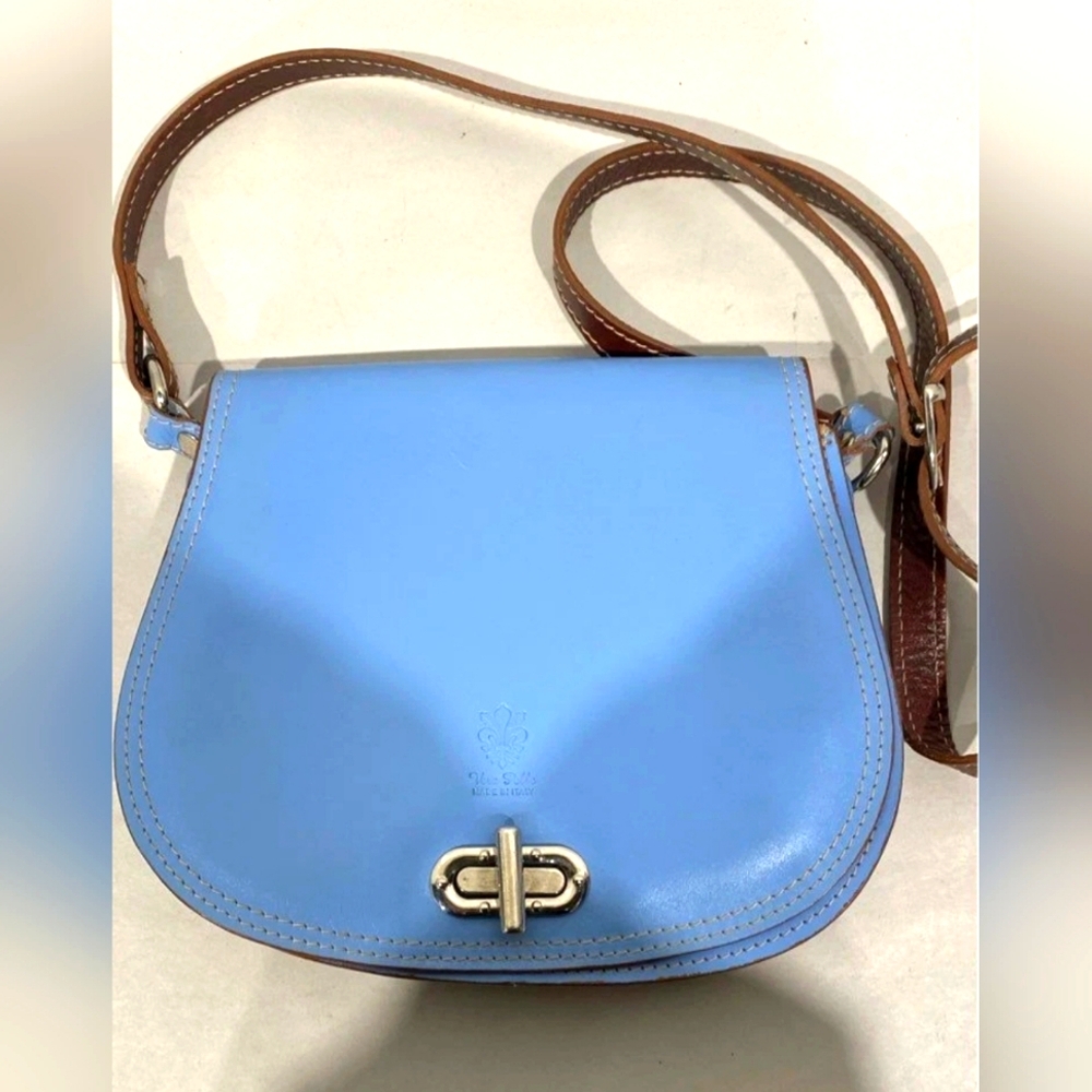 Vera Pelle Designer Handmade Leather Italy Baby Blue Crossbody Saddle Bag Purse